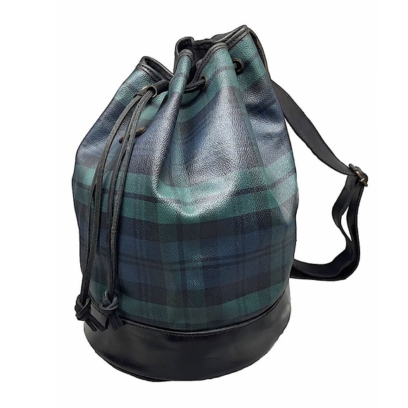 RALPH LAUREN Black Watch Plaid Drawstring Backpack Sling Messenger Bag Vintage - Picture 9 of 9